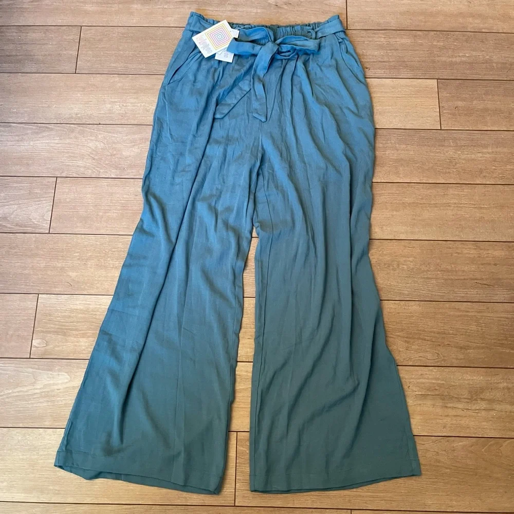 LuLaRoe Teal Wide Leg Tie Waist Pants - Picture 3 of 5